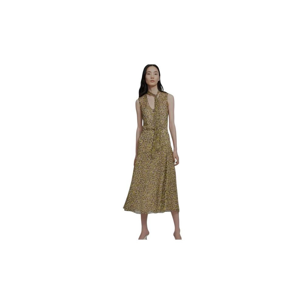 Theory Silk Taupe Yellow Leopard Print Tie Neck Top & Midi Slip Skirt Set Med 6